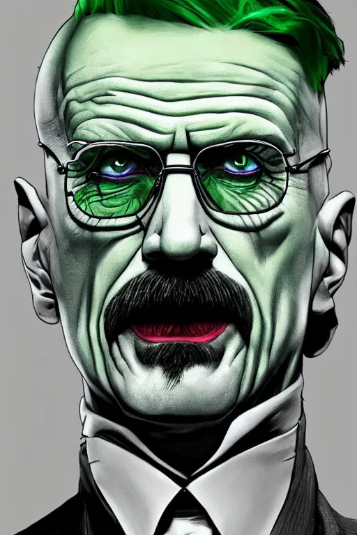 Image similar to walter white as the joker, green hair, photorealistic, highly detailed,