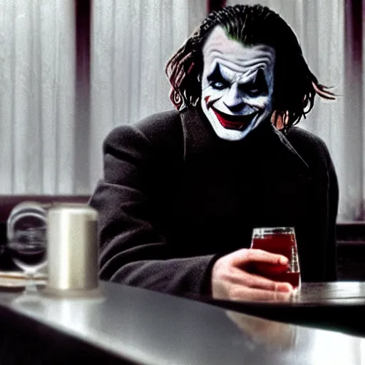 Image similar to jack torrance as the joker in the shining, sitting at the bar with whiskey, widescreen shot, anamorphic film, screenshot by stanley kubrick