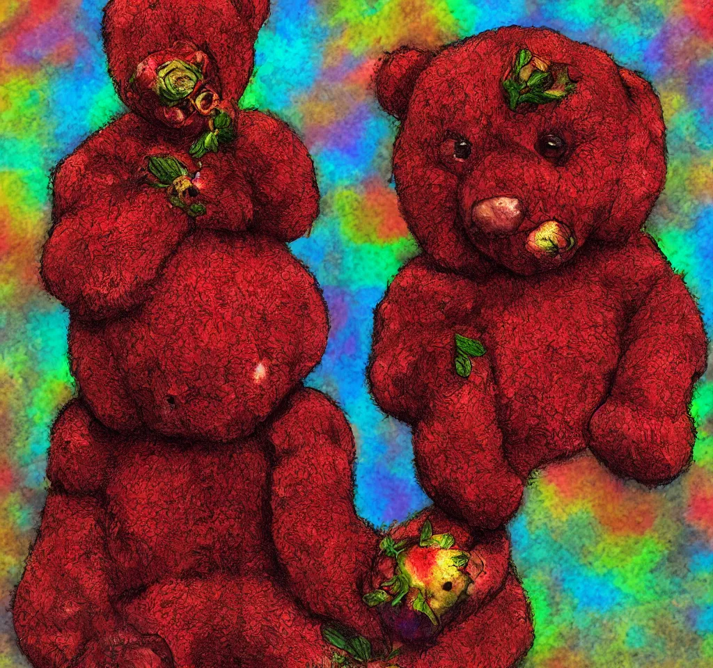 Image similar to digital art hyper realism body horror studio lighting strawberry teddy bear technicolor 3 5 mm