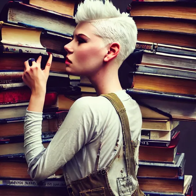 Image similar to full body pose, beautiful adult book fairy, pixar, short white hair shaved sides, dirty, grungy, grunge, long sleeve, painted overalls, stacks of giant books, highly detailed, 4 k, hdr, smooth, sharp focus, high resolution, award - winning photo, artgerm, photorealistic