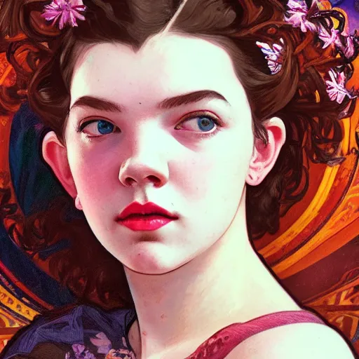 Prompt: portrait of anya taylor-joy, 8k, rich vivid colors, cinematic lighting, illustration, french noveau, alphonse mucha, artstation