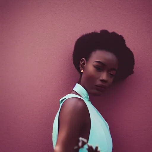 Image similar to portrait photograph of an elegant black woman wearing a sundress in Santa Monica. super resolution. 85 mm f1.8 lens.bokeh.graflex. Alessio albi