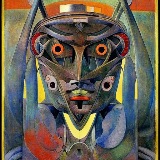 Prompt: the robot in her mechanical mask, by annie swynnerton and diego rivera and leo and diane dillon, symbolist, dramatic lighting, elaborate geometric ornament, art brut, god rays, soft cool colors, smooth, sharp focus, extremely detailed, adolf wolfli