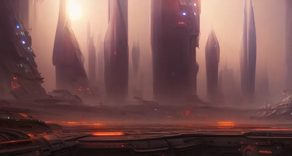 Image similar to cinematic shot, futuristic city on the mars with towers made of stacked disks, utopian, digital painting, artstation, concept art, smooth, sharp focus, illustration, intricate, elegant, highly detailed, in the style of greg rutkowski and alphonse mucha and artemisia, 8 k, highly detailed, jurgens, rutkowski