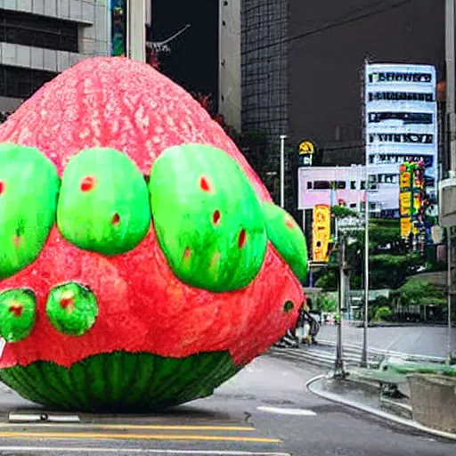 Image similar to giant cactus monster in tokyo city throws watermelons