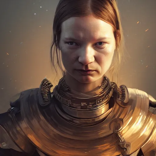 Image similar to mia wasikowska portrait, dystopia core, apocalyptic, armor, warrior, dramatic, sharp focus, fiction, neon, fantasy, hyper detailed, digital art, trending in artstation, cinematic lighting, studio quality, smooth render, unreal engine 5 rendered, octane rendered, art style and nixeu and wlop and krenz cushart