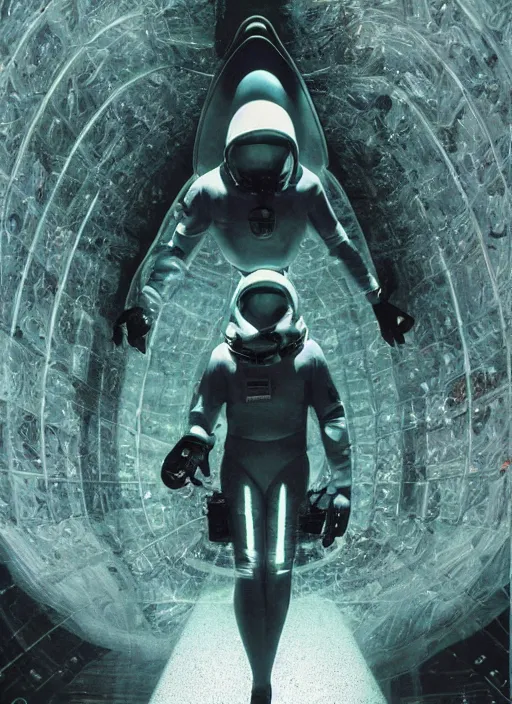 Image similar to astronauts in dark and empty void underwater - complex and hyperdetailed technical suit. reflection and dispersion materials. rays and dispersion of light. volumetric light. 5 0 mm, f / 3 2. noise film photo. flash photography. ultra realistic, wide angle. poster by wayne barlowe, hajime sorayama aaron horkey, craig mullins