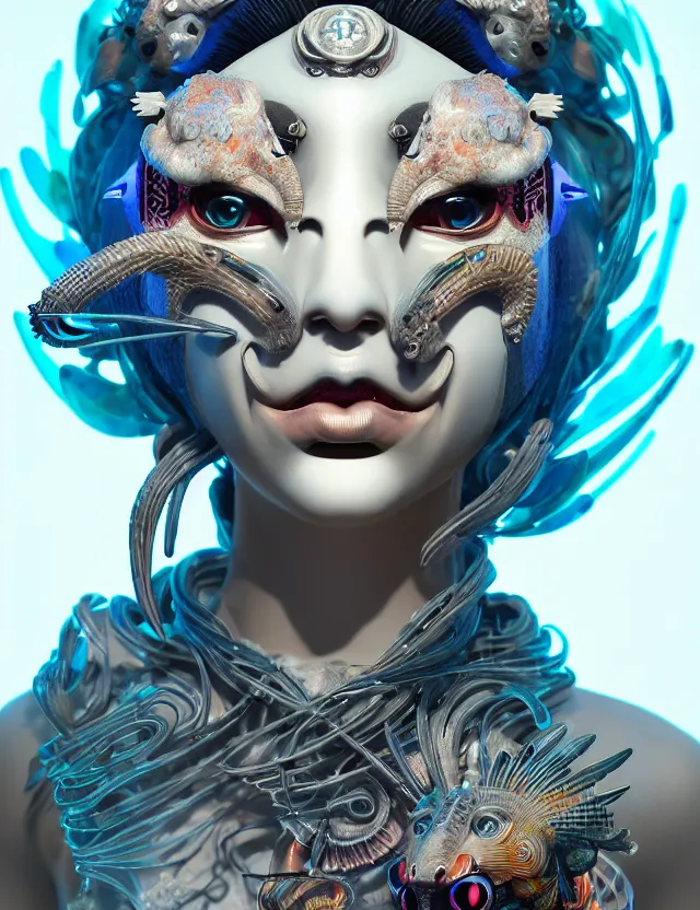 Image similar to 3 d goddess close - up profile portrait cyberpunk with ram skull. beautiful intricately detailed japanese crow kitsune mask and clasical japanese kimono. betta fish, jellyfish phoenix, bio luminescent, plasma, ice, water, wind, creature, artwork by tooth wu and wlop and beeple and greg rutkowski