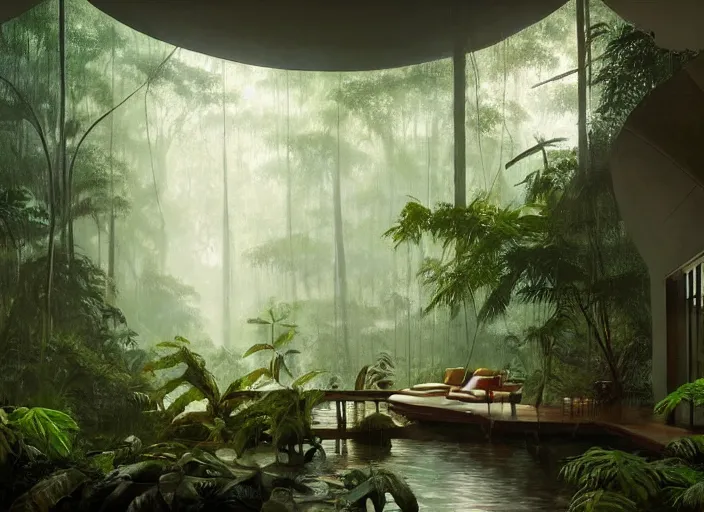 Image similar to a beautiful painting of the interior of a geodesic house in a moist tropical rainforest, living room, by greg rutkowski, realism, artstation, nature