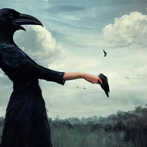 Prompt: morning, a woman in a black dress with a raven for head. sun, cinematic, clouds, vogue cover style, contracting colors mood, realistic painting, intricate oil painting, high detail, figurative art, multiple exposure, poster art, 3 d, by simon bisley, ismail inceoglu, wadim kashin, filip hodas.