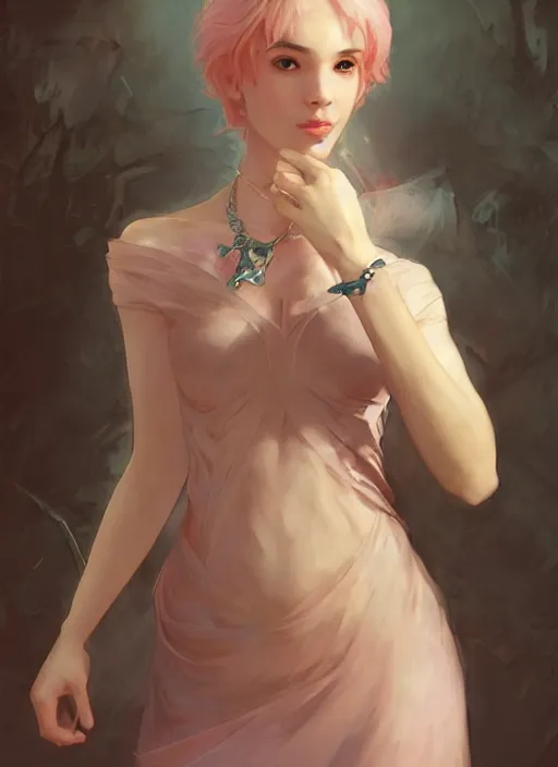 Prompt: character concept portrait of an attractive young focused Spanish witch with pale pink skin and a crystal necklace enchanting a glowing seduction spell, a floating glowing spell book in the center, intricate, elegant, digital painting, concept art, smooth, sharp focus, illustration, from Metal Gear, by Ruan Jia and Mandy Jurgens and William-Adolphe Bouguereau, Artgerm