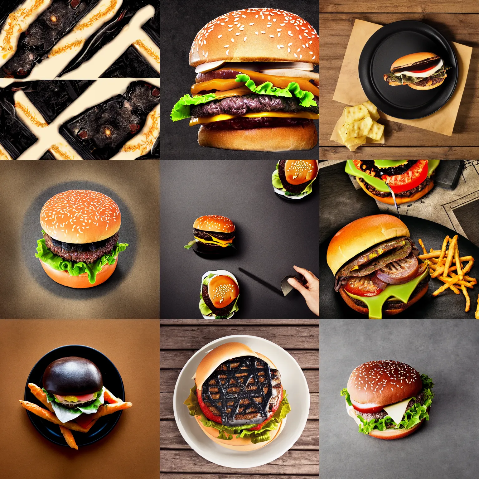 Prompt: black metal cheeseburger, studio photography