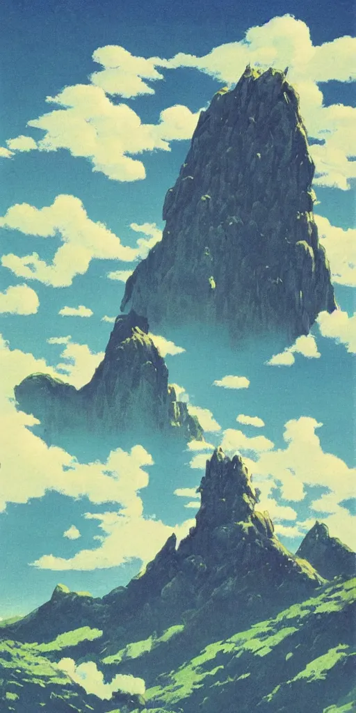 Prompt: an impossibly tall mountain that reaches the clouds, by vincent di fate nausicaa and ghibli