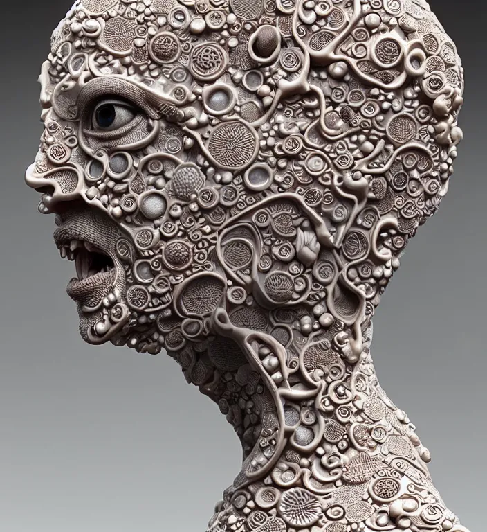 Image similar to Monster, A Close up photo-real delicate ceramic porcelain sculpture of a symmetrical ornate detailed in front of an intricate background by Victo Ngai and takato yamamoto, micro detail, backlit lighting, face in focus, subsurface scattering, translucent, thin porcelain, octane renderer, colorful, physically based rendering, japanese pottery, trending on cgsociety