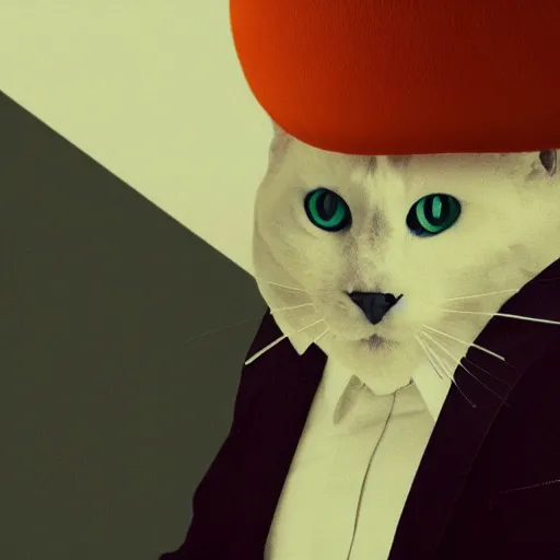 Prompt: high quality picture of a man in a suit wearing a latex mask of a sly looking orange/white tabby cat on a dark bg, lit from below by James Jean, natural lighting
