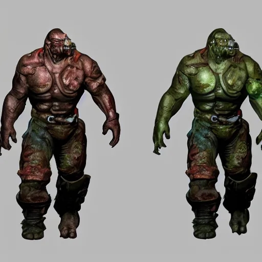 Image similar to fallout concept art green supermutant render grim realistic lighting unreal engine 5