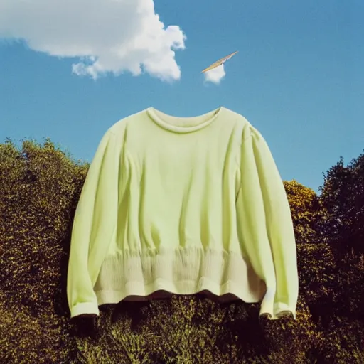 Image similar to realistic! photo of a balenciaga top, floating in sky, color film photography, 35mm