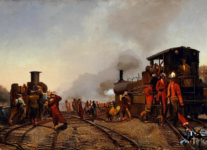 Prompt: detailed painting of railroad workers drinking wine and having fun against the backdrop of a steam locomotive advancing right ahead of them by ivan aivazovski