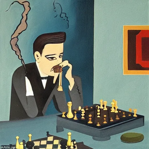 Prompt: an oil painting in the style of art deco of a dragon in a suit smoking a cigar while sitting at a chess table