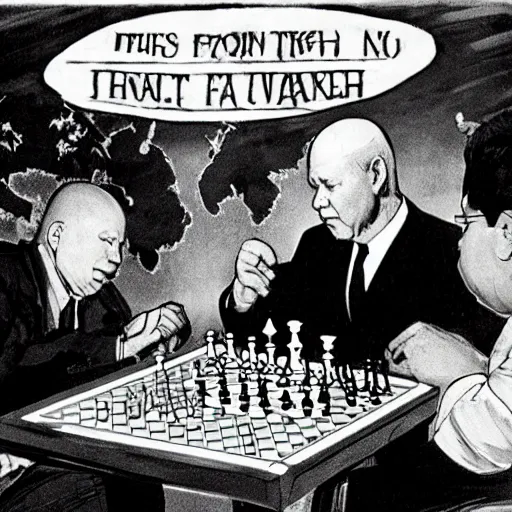 Prompt: John F. Kennedy and Nikita Khrushchev playing chess with nuclear weapons on a world map, punch cartoon