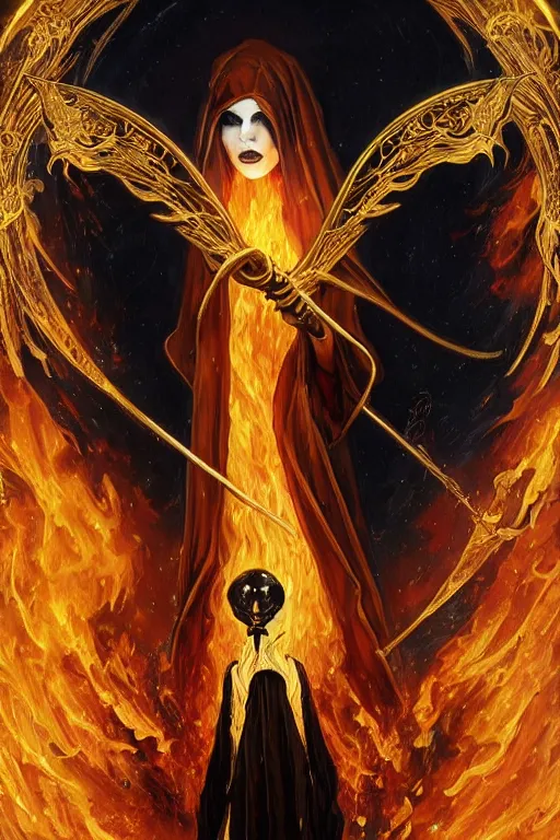 Prompt: beautiful soft painting of grim reaper with a cloak of fireflies and flameches, golden art nouveau scythe blade, flames intricate stainglass background, elegant, intricate art nouveau frame, highly detailed, oil painting, artstation, concept art, matte, sharp focus, art by Artgerm and Greg Rutkowski and Seb Mckinnon