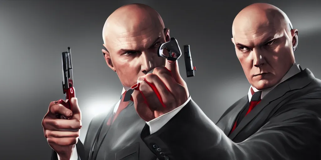 Image similar to a portrait of agent 4 7 from hitman wearing large headphones while pointing a silenced silver handgun, dark background, red rim light, smooth, sharp focus, art by irina french