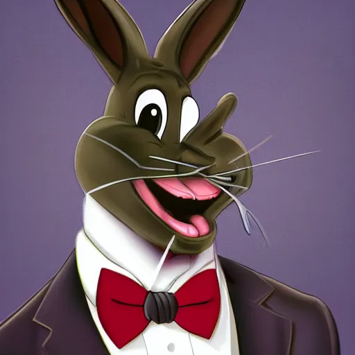 Image similar to A extremely highly detailed majestic hi-res beautiful, highly detailed head and shoulders portrait of a scary terrifying, horrifying, creepy black cartoon rabbit with a bowtie and scary big eyes, earing a shirt laughing, hey buddy, let's be friends, in the style of Walt Disney