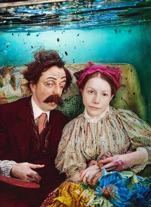 Image similar to detailed colourful masterpiece of photography by anne leibovitz couple portrait sat down extreme closeup, love, inside an underwater train, detailed realistic expressions, wearing unusual clothes, tsunami, by ford madox brown and william powell frith