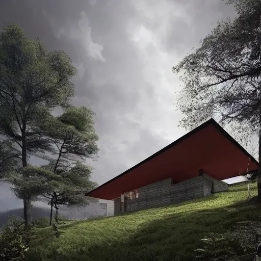 Image similar to modernist house inspired by a tibetan palace, overlooking a valley, big trees, clouds, dramatic lighting, artstation, matte painting, raphael lacoste, simon stalenhag, frank lloyd wright, drone view