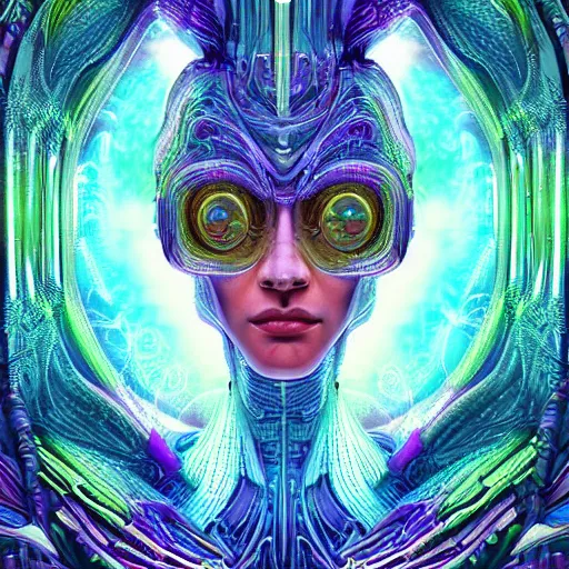 Image similar to Face of a Alien Deity, centered, corals, plume made of geometry, extremly detailed digital painting, sharp focus in the style of android jones, artwork of a futuristic artificial intelligence superstar with frames made of detailed circuits, mystical colors, rim light, beautiful lighting, 8k, stunning scene, raytracing, octane, under water visual distortion, dark tones colors, trending on artstation