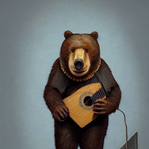 Image similar to realistic bear holding a triangular wooden triangle + guitar sound hole + guitar neck, highly detailed, digital painting, artstation, concept art, smooth, sharp focus, illustration, cinematic lighting, art by artgerm and greg rutkowski and alphonse mucha