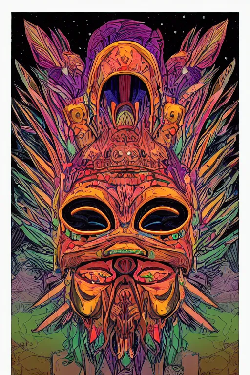 Image similar to animal mask totem roots flower tribal feather gemstone plant wood rock shaman vodoo video game vector cutout illustration vivid multicolor borderlands comics by josan gonzales and dan mumford radiating a glowing aura