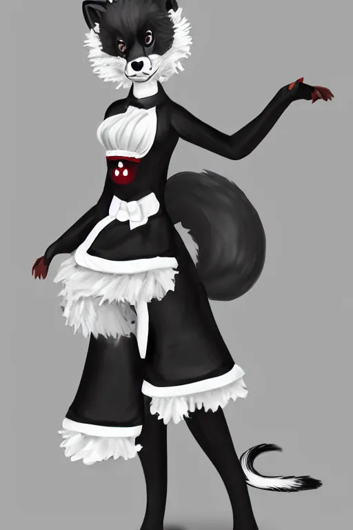 Image similar to a skunk fursona wearing a maid outfit, highly detailed, digital art, trending on artstation, furry art