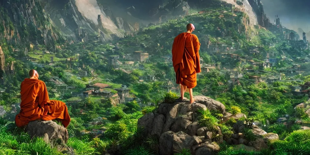 Prompt: a cinematic composition where a monk sits atop a mountain radiating his transformative energy to shift the cyberpunk civilization in the valley to a lush green overgrowing solarpunk civilization that is on top of the mountain