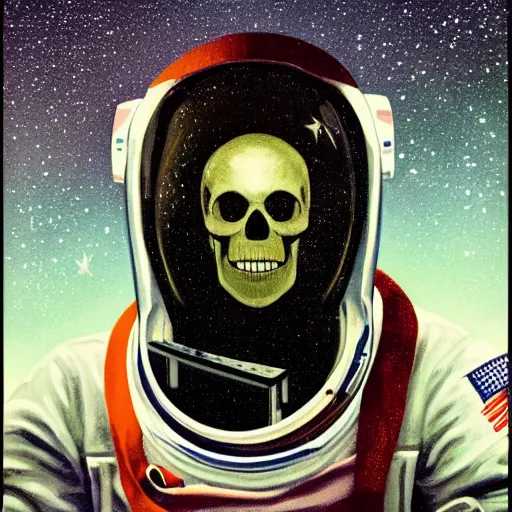 Image similar to a portrait of an astronaut, his head is a skull, it is night and the sky is covered in stars, dramatic and cinematic lights, in the style of edward hopper, 4 k,