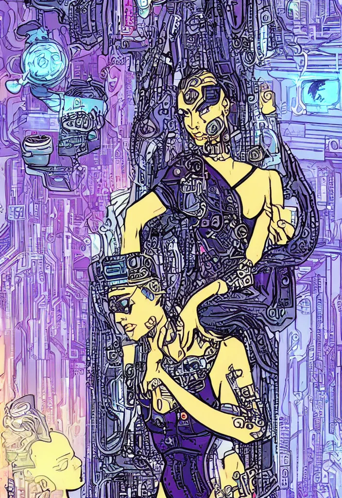 Image similar to the queen of cups as a cyberpunk tarot card