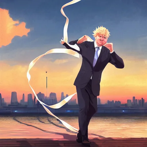 Prompt: Boris Johnson holding a ribbon wearing suit and necktie dancing on water, detailed facial features, evokes feelings of joy, beautiful flowing fabric, sunset, dramatic angle, realistic and detailed, by studio trigger, pixiv dslr photo by Makoto Shinkai rossdraws and Wojtek Fus