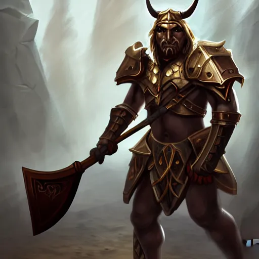 Image similar to Minotaur warrior with axe, human body, natural background, bull head, concept art, paladin golden armor, high details, symmetrical, full body, digital painting, dark fantasy, guildwar artwork