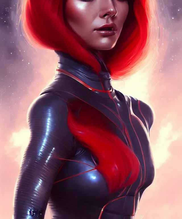 Prompt: futuristic bodycon spacesuit woman portrait, sci-fi, fierce eyes, long red hair, fantasy, intricate, elegant, highly detailed, digital painting, sharp focus, illustration, art by artgerm and greg rutkowski and WLOP