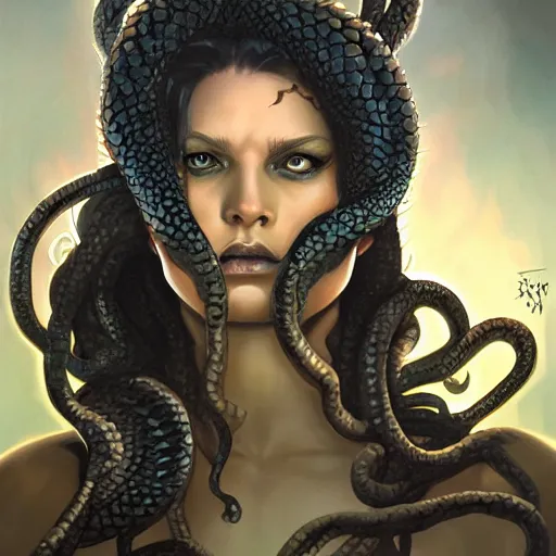 medusa gorgon rogue with hissing snake hair, dnd