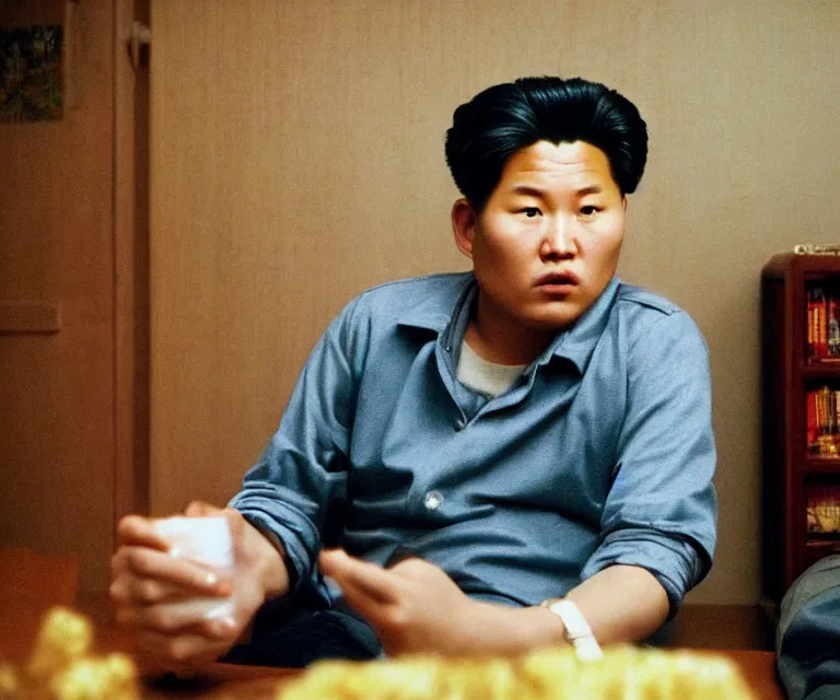 Image similar to hyperralism pineapple express movie still photography of real detailed north korean kim chen with detailed face smoking detailed weed in detailed basement bedroom hyperrealism photography by araki nobuyoshi