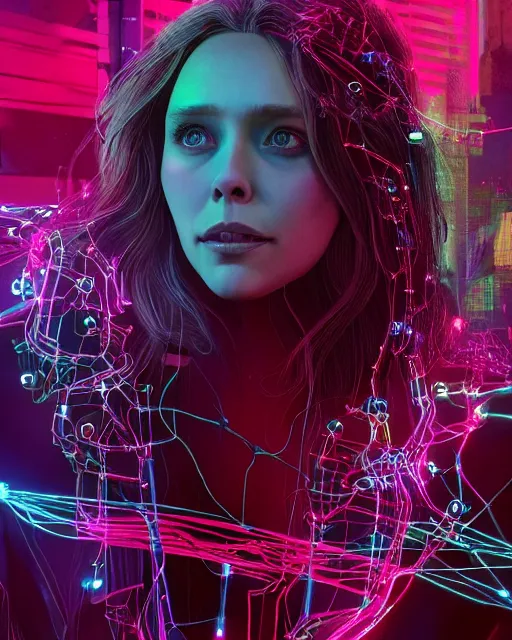 Prompt: [ elizabeth olsen ]! [ 3 d render, made of wires and metallic material ]!! sitting in a [ cyberpunk club ]!!, [ 4 k digital art ]!!, neon atmosphere, volumetric lighting, bioluminescent coloring, afrofuturism, illustrated by greg rutkowski and rajmund kanelba, cgsociety contest winner, intricate