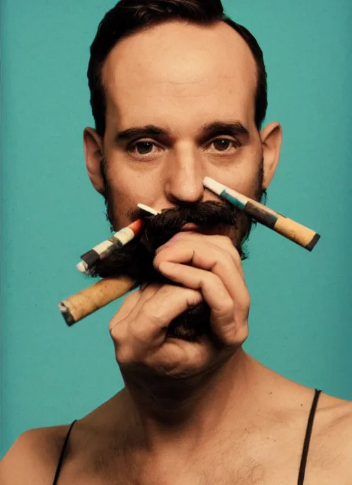 Image similar to color polaroid picture of a cool man with a mustache in his 4 0's smoking. diffuse background
