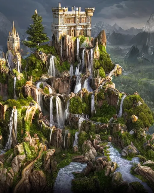 Image similar to a beautiful fantasy landscape of a large majestic castle adorned with gold linings and white marble walls from DND with lots of towers bridges and levels on top of a lush cliff with a huge waterfalls in the middle, ruins of structures at the bottom, afternoon light streaking with god rays, Dungeons and Dragons Castle, ornate, detailed, octane render, 8k, trending on artstation deviantart google images, pinterest, canon 35mm lens