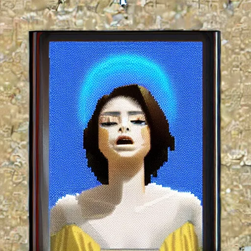 Image similar to if i was in a city looking up at the sky to see god's female face looking down at me, hd pixelart, detailed