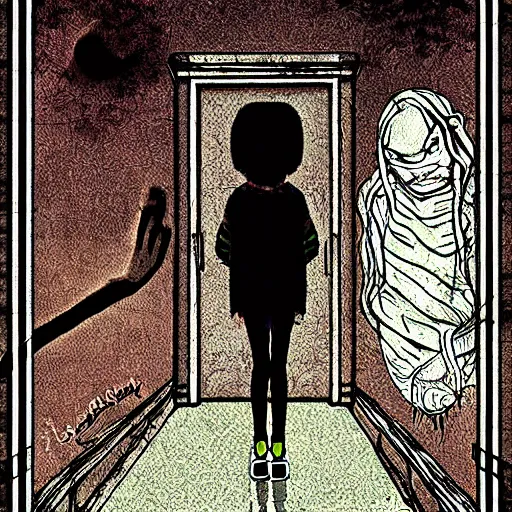 Image similar to child hiding from a monster, digital art, inspired by junji ito