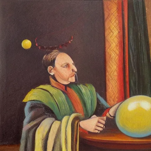 Image similar to painting by remus grecu, of fortune teller with crystal ball, and wealthy customer