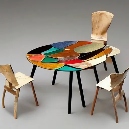 Prompt: a dining set made from pure recycled materials, conceptual art