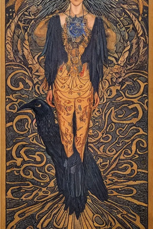 Image similar to dream of the raven king, by Annie Swynnerton and jean delville and Nicholas Roerich, embroidered brocade, tattoos, elaborate costume, geometric ornament, symbolist, rich colors, dramatic lighting, smooth, sharp focus, extremely detailed