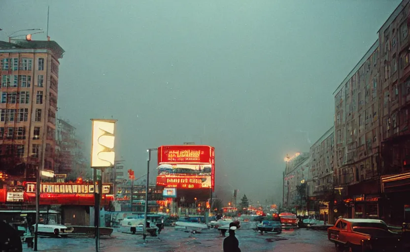 Image similar to 70s movie still of a sovietic street with pedestrians with soviet highrise in the backround , Cinestill 800t 18mm ektachrome color, heavy grainy picture, very detailed, high quality, 4k panoramic, HD criterion, dramatic lightning, neon billboards and streetlight at night, rain, mud, foggy, one giant Marx portrait on the wall, soviet flags